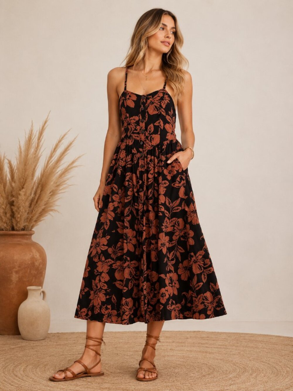 NWT Free People Perfect Sundress Floral Midi Button Dress Tie Back Sz M